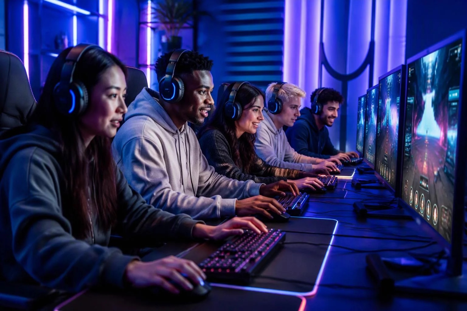 Competitive gaming team at a modern PC setup